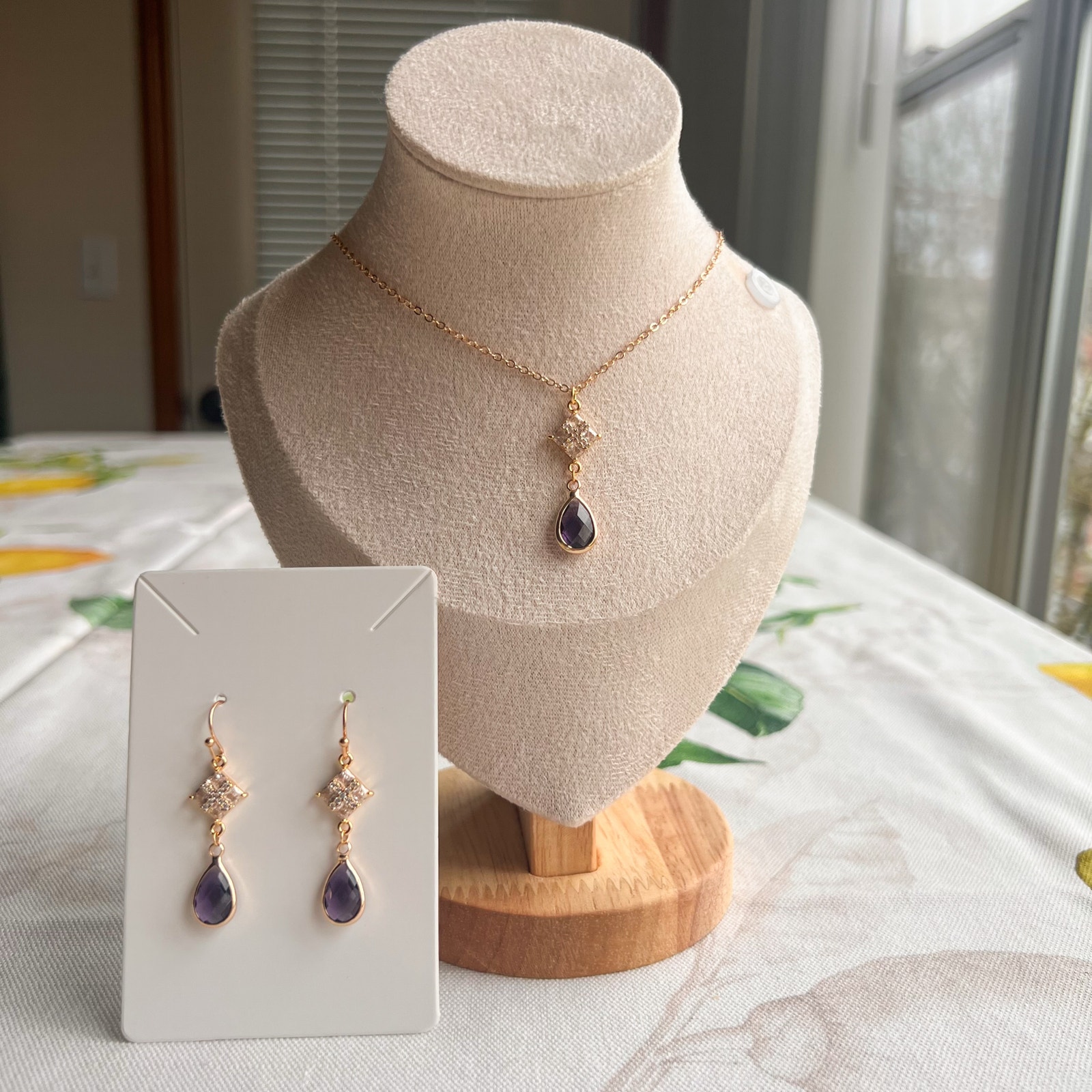 Amethyst Aubergine Crystal Glass Diamond Square Romantic Art Deco Jewelry Set